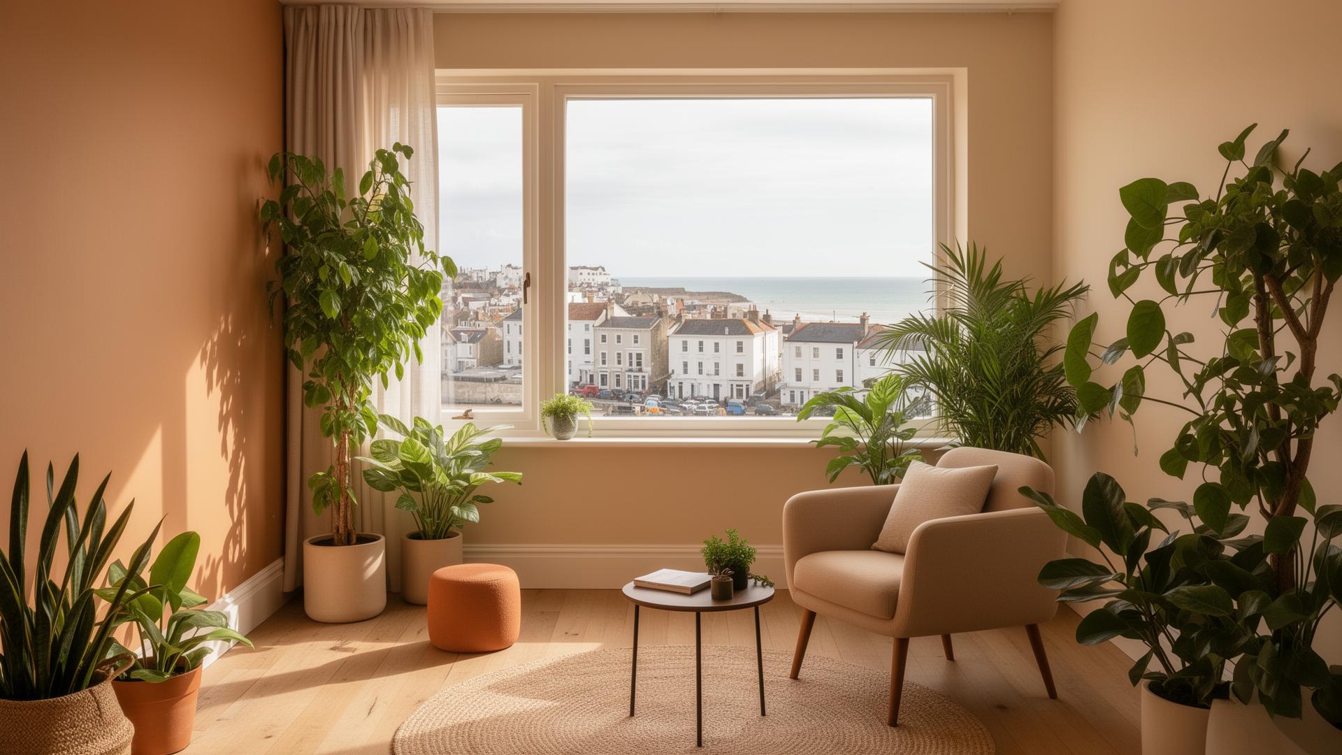 Peaceful therapy room with natural light and plants overlooking Brighton